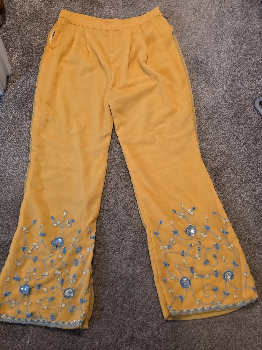 Yellow Wide-Leg Embroidered Pants